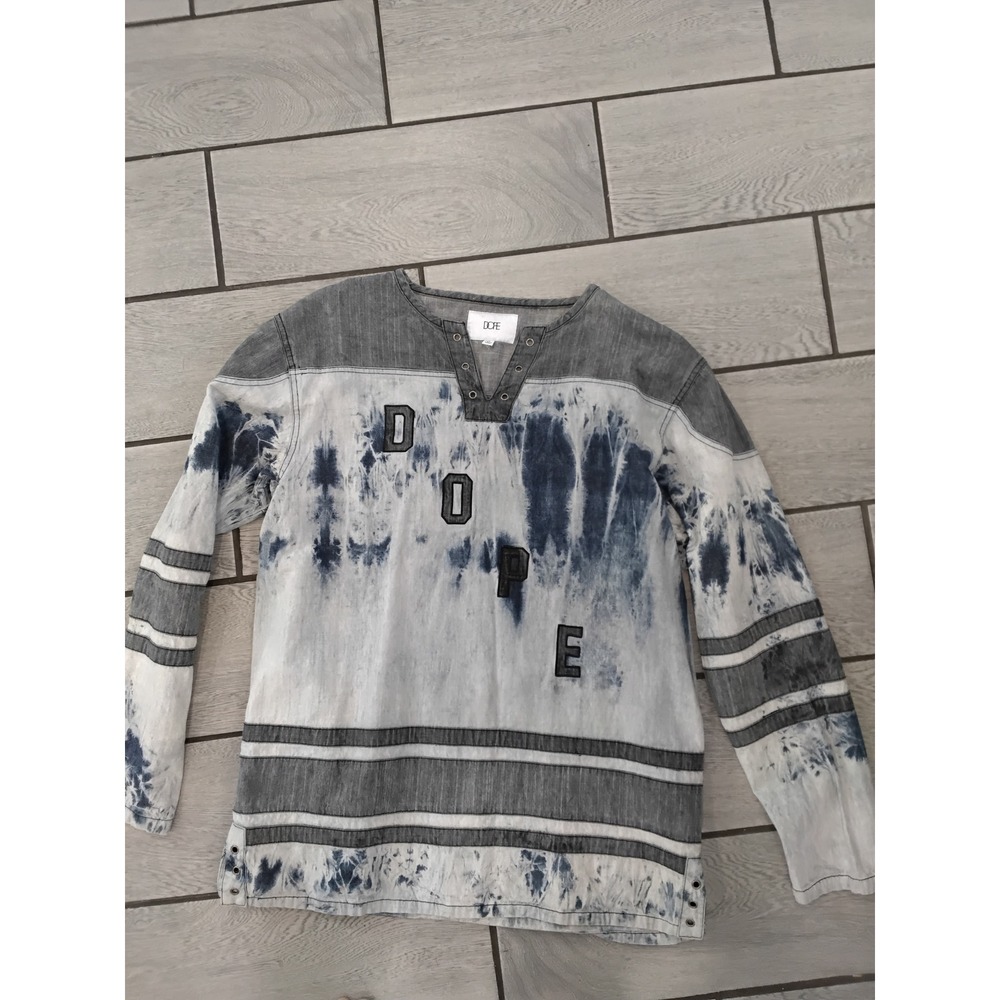 Dope Mens XL Tie Dye Denim Jersey Long Sleeve Shirt Blue Grey Varsity Streetwear